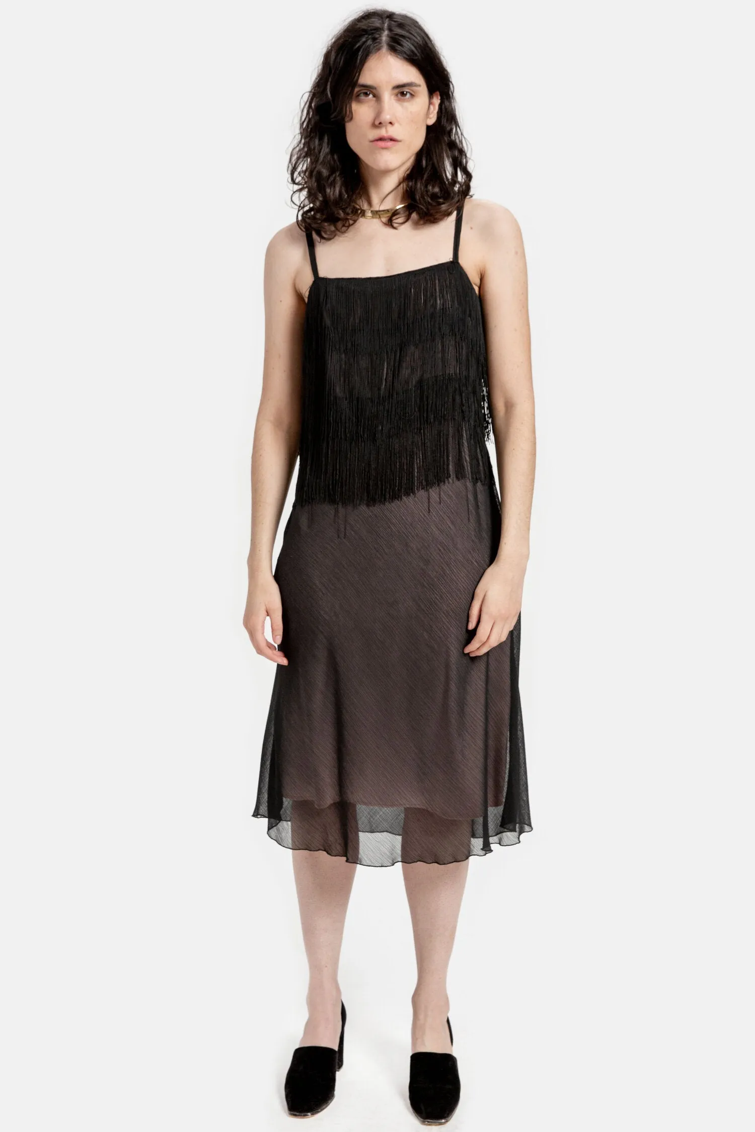 90s Black Fringe Top Dress S