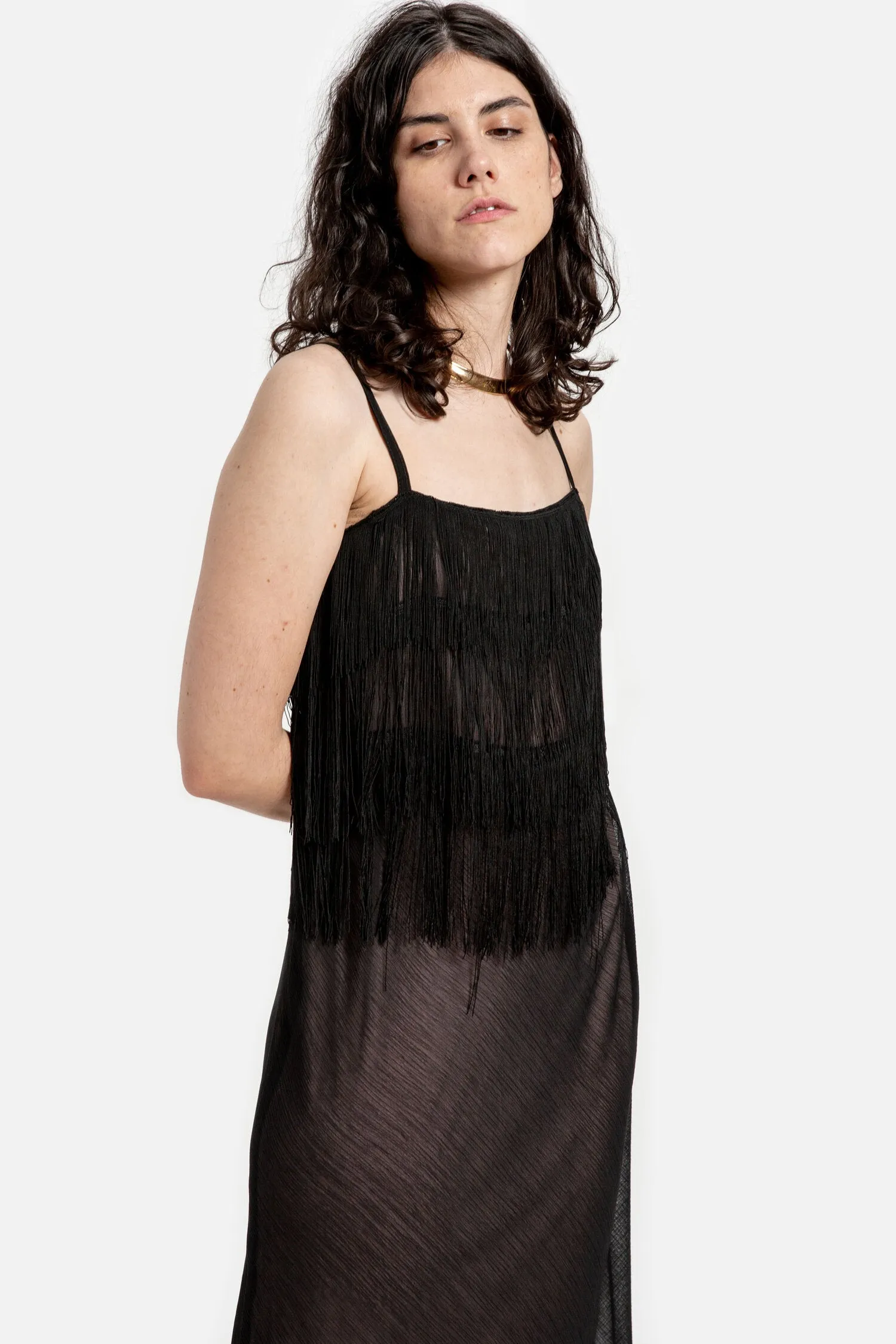 90s Black Fringe Top Dress S