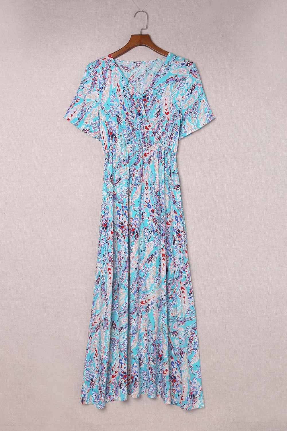 Abstract Botanic Print Wrap V Neck Short Sleeve Maxi Dress