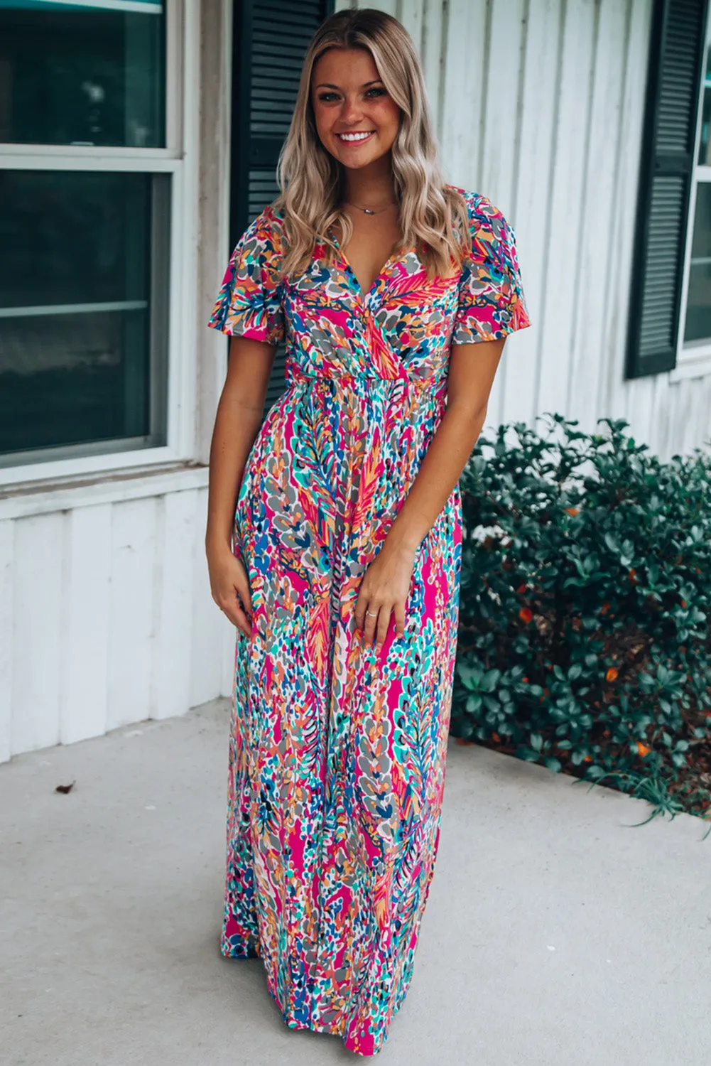 Abstract Botanic Print Wrap V Neck Short Sleeve Maxi Dress