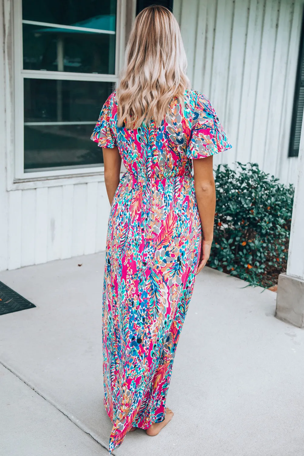 Abstract Botanic Print Wrap V Neck Short Sleeve Maxi Dress