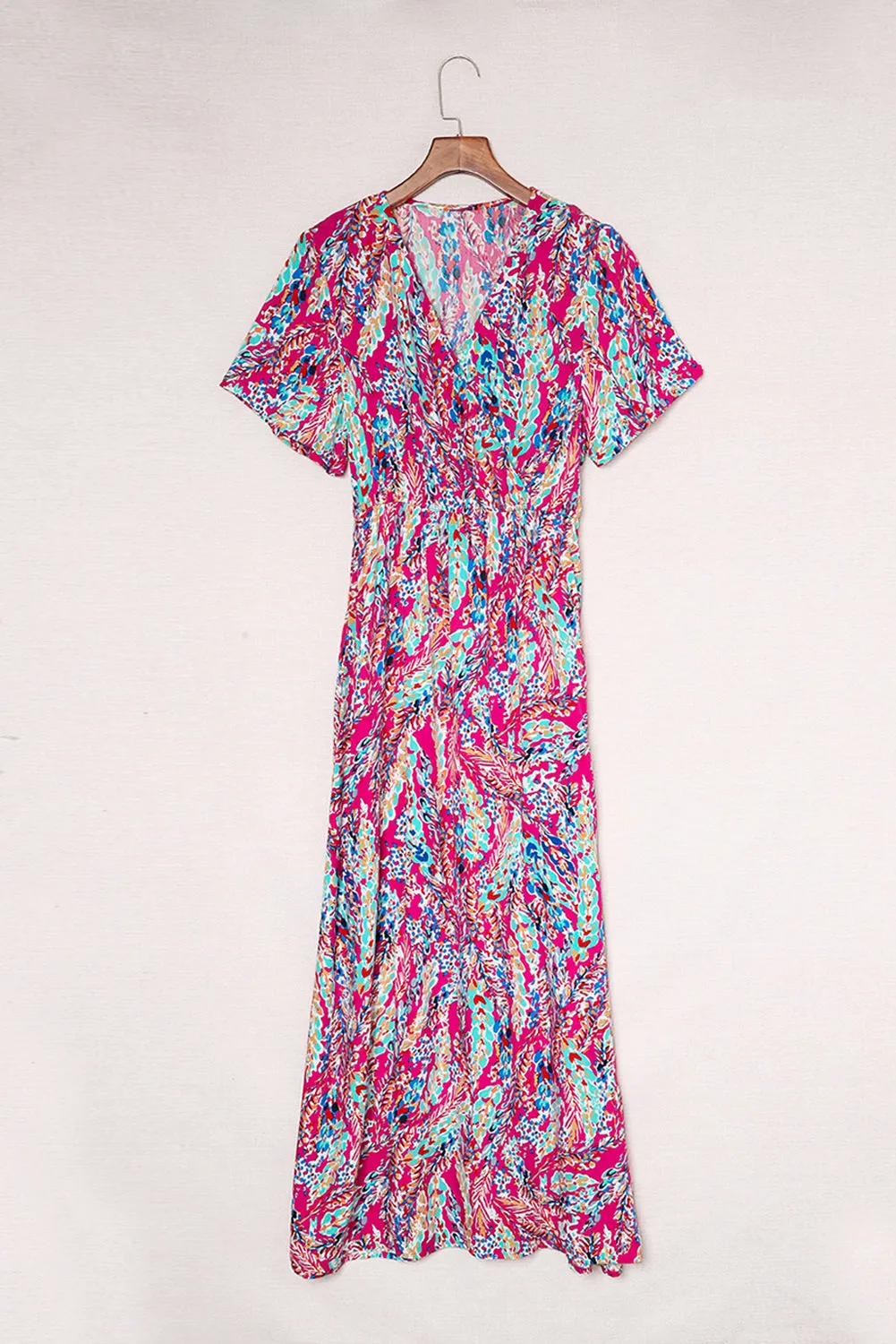 Abstract Botanic Print Wrap V Neck Short Sleeve Maxi Dress