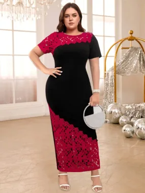 AOMEIDRESS Red O Neck Short Sleeve High Waist Lace Patchwork Dress