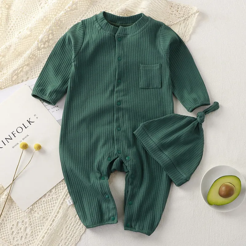 Baby Jumpsuit Hat Long Sleeve Cotton Toddler Romper for Boys Girls Solid Color Spring Autumn Baby Clothes Newborn Onesie