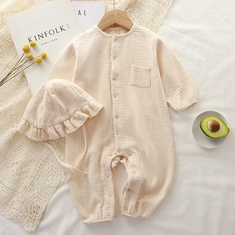 Baby Jumpsuit Hat Long Sleeve Cotton Toddler Romper for Boys Girls Solid Color Spring Autumn Baby Clothes Newborn Onesie