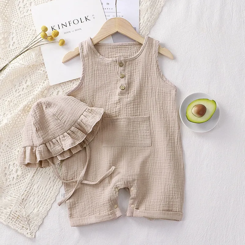 Baby Jumpsuit Hat Long Sleeve Cotton Toddler Romper for Boys Girls Solid Color Spring Autumn Baby Clothes Newborn Onesie
