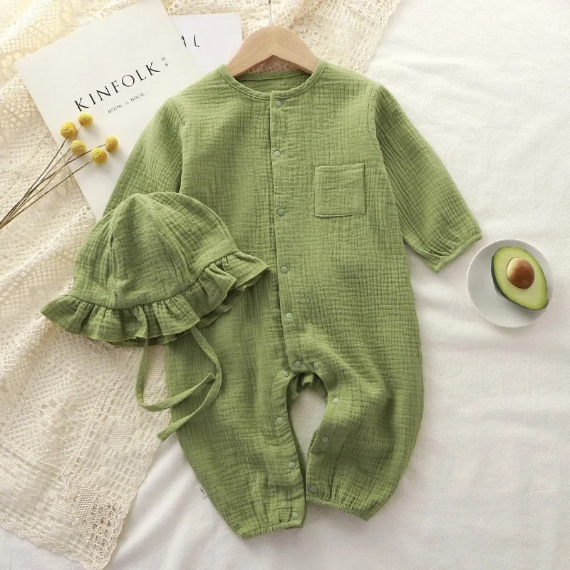 Baby Jumpsuit Hat Long Sleeve Cotton Toddler Romper for Boys Girls Solid Color Spring Autumn Baby Clothes Newborn Onesie