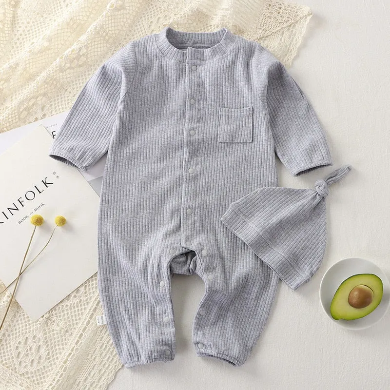 Baby Jumpsuit Hat Long Sleeve Cotton Toddler Romper for Boys Girls Solid Color Spring Autumn Baby Clothes Newborn Onesie