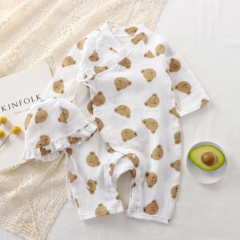 Baby Jumpsuit Hat Long Sleeve Cotton Toddler Romper for Boys Girls Solid Color Spring Autumn Baby Clothes Newborn Onesie