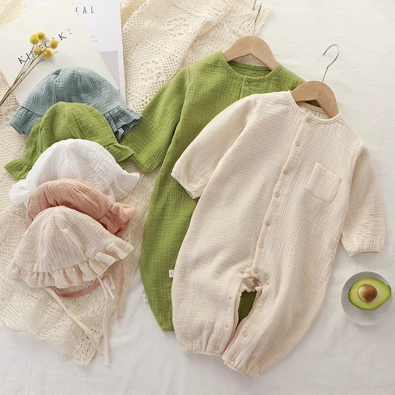 Baby Jumpsuit Hat Long Sleeve Cotton Toddler Romper for Boys Girls Solid Color Spring Autumn Baby Clothes Newborn Onesie