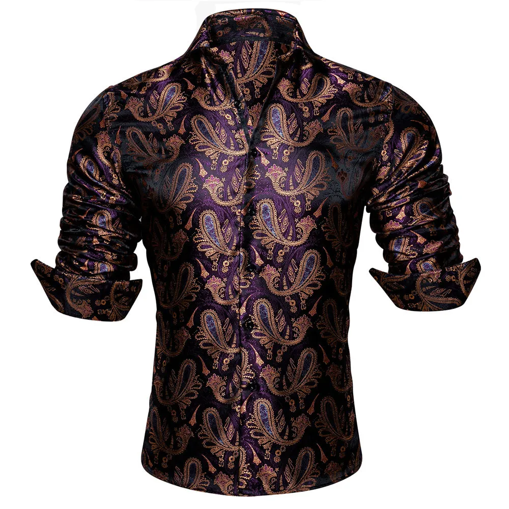 Barry Wang Long Sleeve Shirt Deep Purple Jacquard Paisley Men's Silk Shirt
