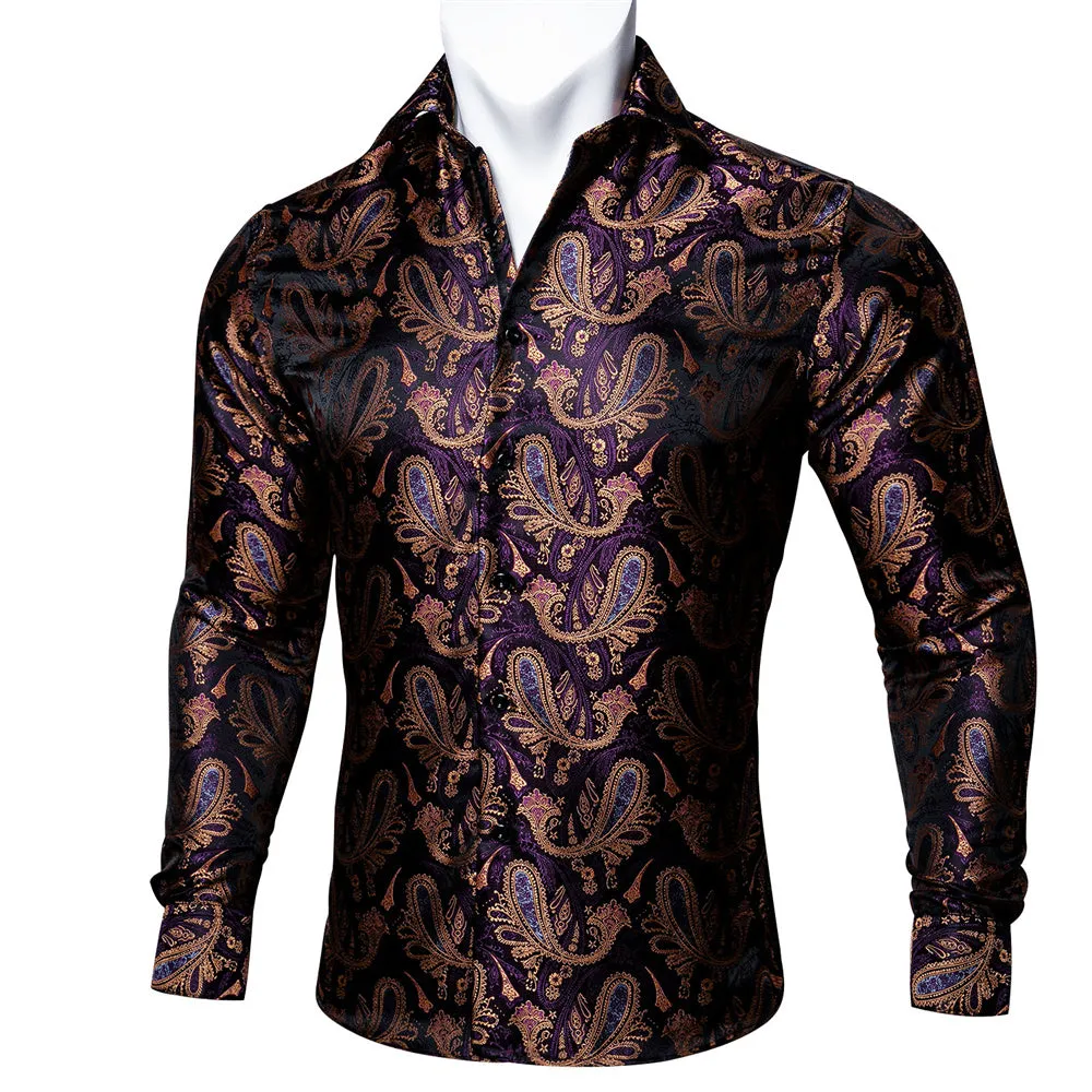 Barry Wang Long Sleeve Shirt Deep Purple Jacquard Paisley Men's Silk Shirt