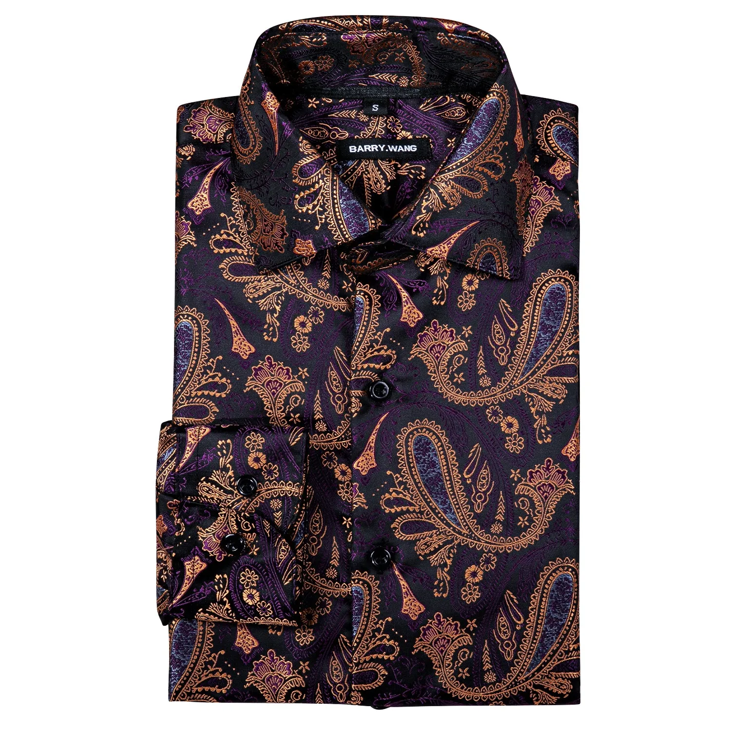 Barry Wang Long Sleeve Shirt Deep Purple Jacquard Paisley Men's Silk Shirt