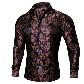 Barry Wang Long Sleeve Shirt Deep Purple Jacquard Paisley Men's Silk Shirt