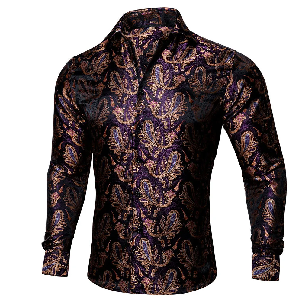 Barry Wang Long Sleeve Shirt Deep Purple Jacquard Paisley Men's Silk Shirt