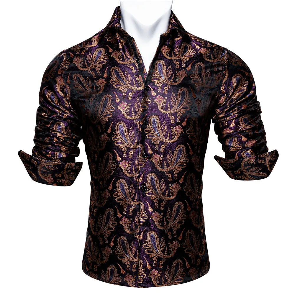 Barry Wang Long Sleeve Shirt Deep Purple Jacquard Paisley Men's Silk Shirt
