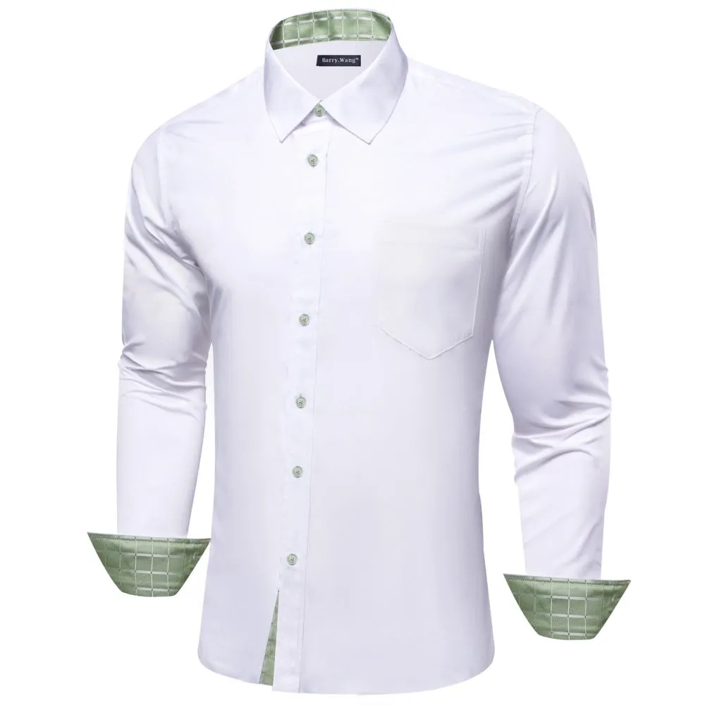 Barry Wang Mens White Solid and Green Plaid Splicing Long Sleeve Shirt