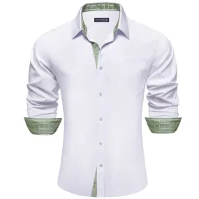 Barry Wang Mens White Solid and Green Plaid Splicing Long Sleeve Shirt