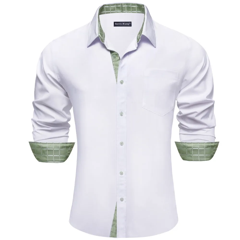 Barry Wang Mens White Solid and Green Plaid Splicing Long Sleeve Shirt