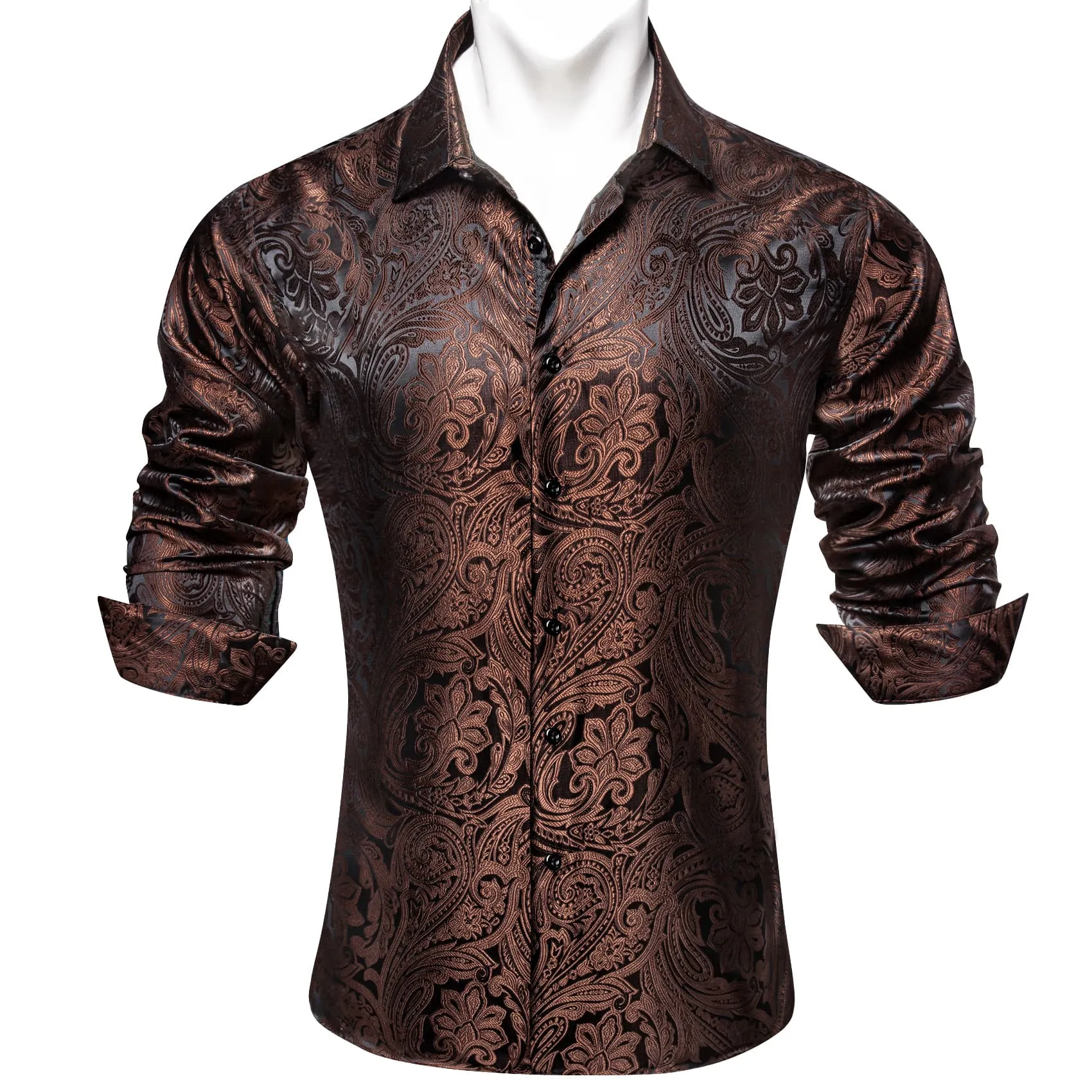 Barry.Wang Seal Brown Paisley Shirt Long Sleeve Dress Shirt for Men