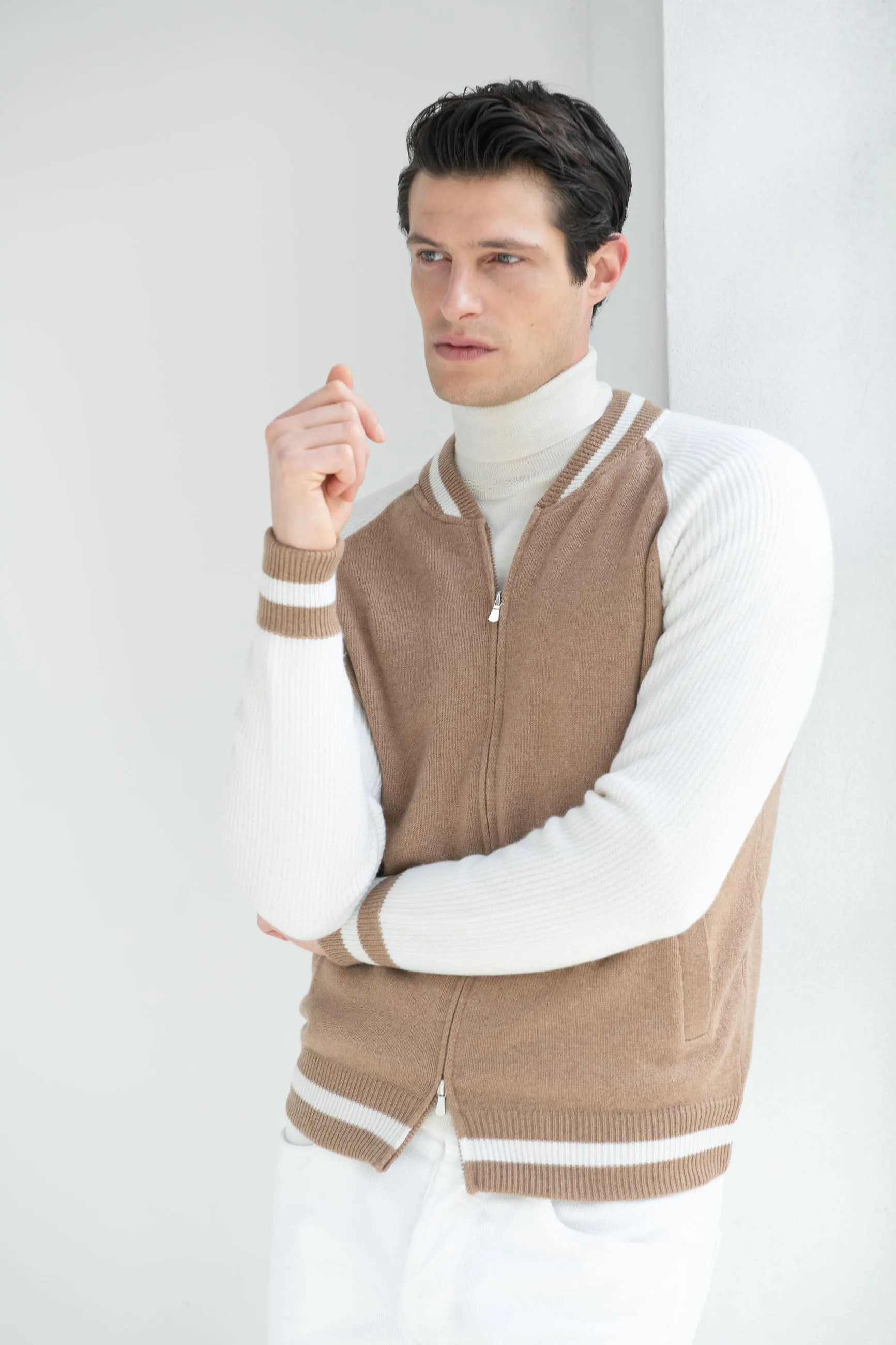 Beige knitted college bomber - Made in Italy