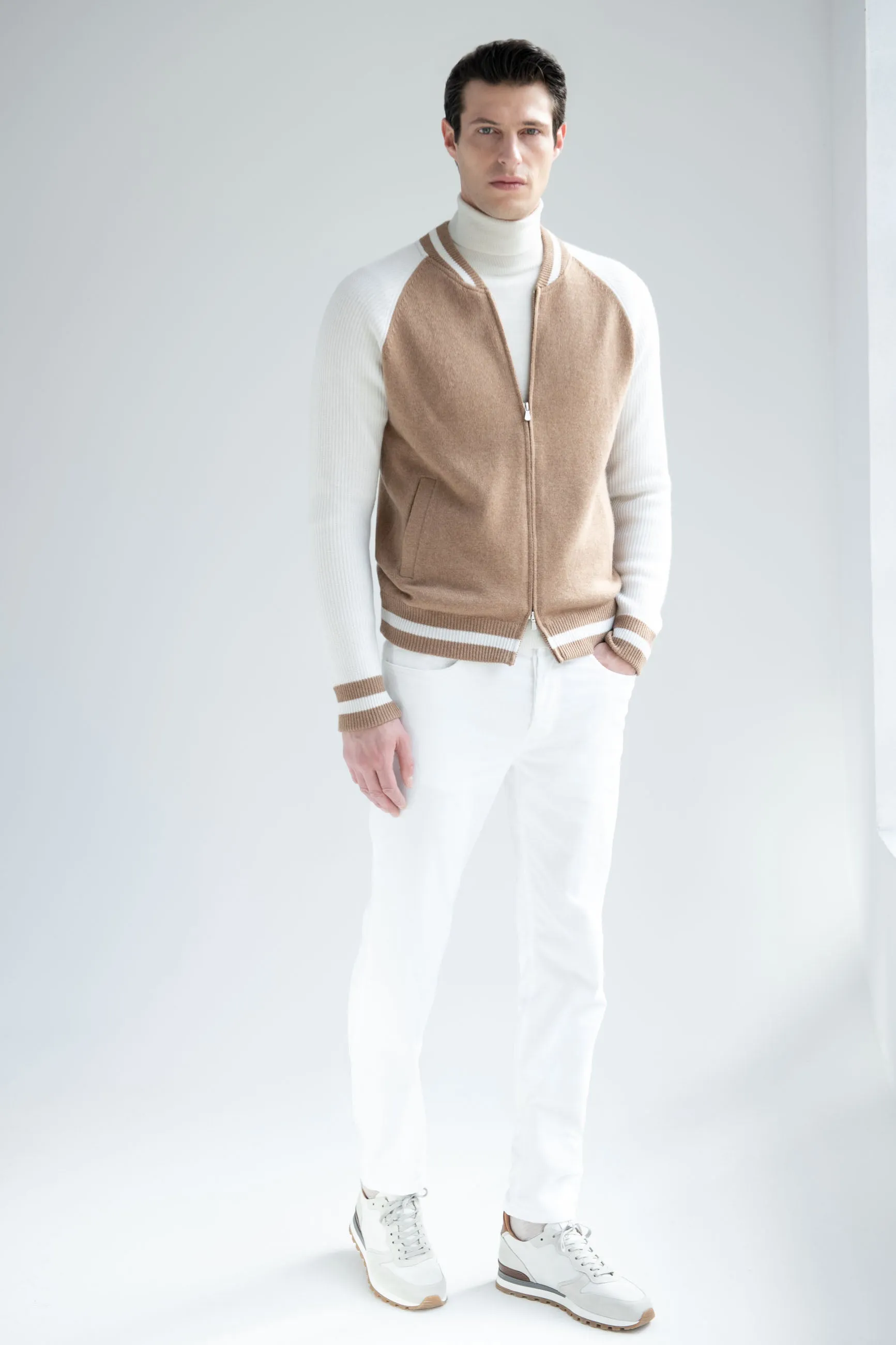 Beige knitted college bomber - Made in Italy
