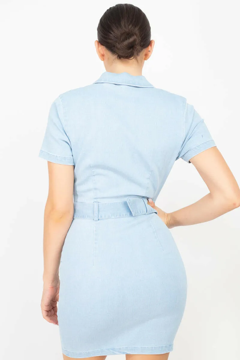 Belted Bodycon Collared Denim Dress