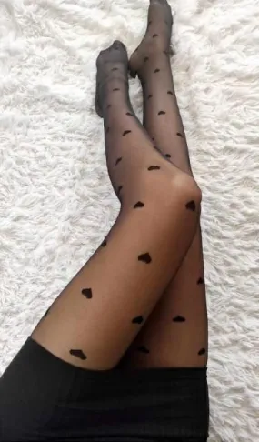 Black 15 Denier Tights with Hearts Print | 9KF12