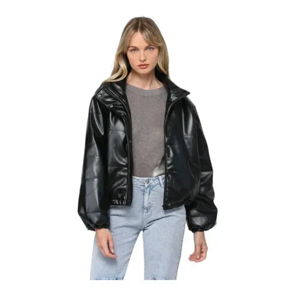 Black Faux Leather Puffer Jacket