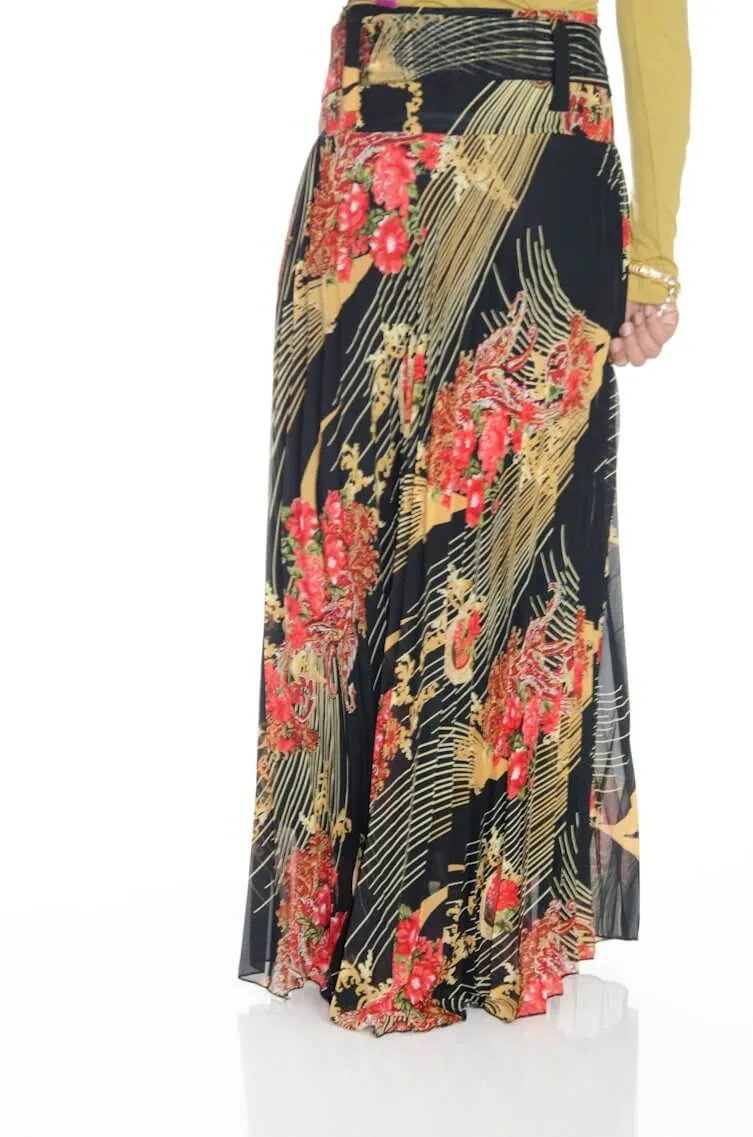 Black Floral Pleated Maxi Skirt