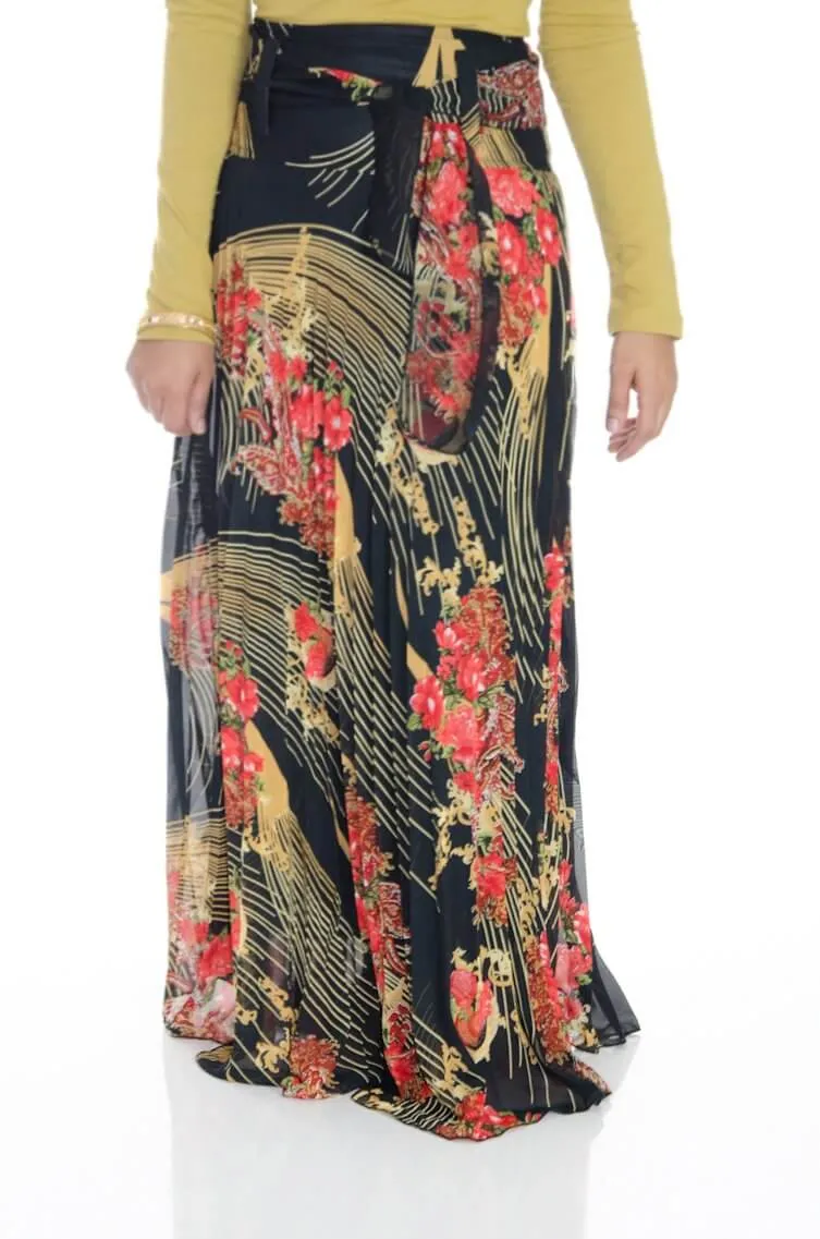 Black Floral Pleated Maxi Skirt