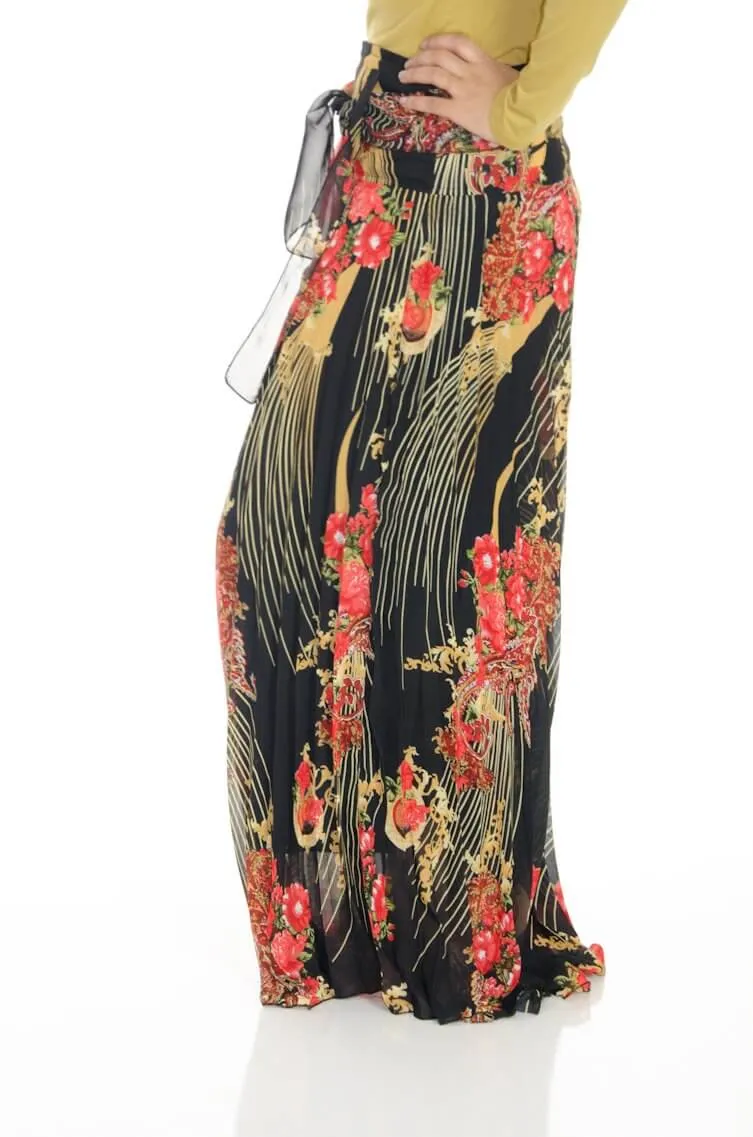 Black Floral Pleated Maxi Skirt