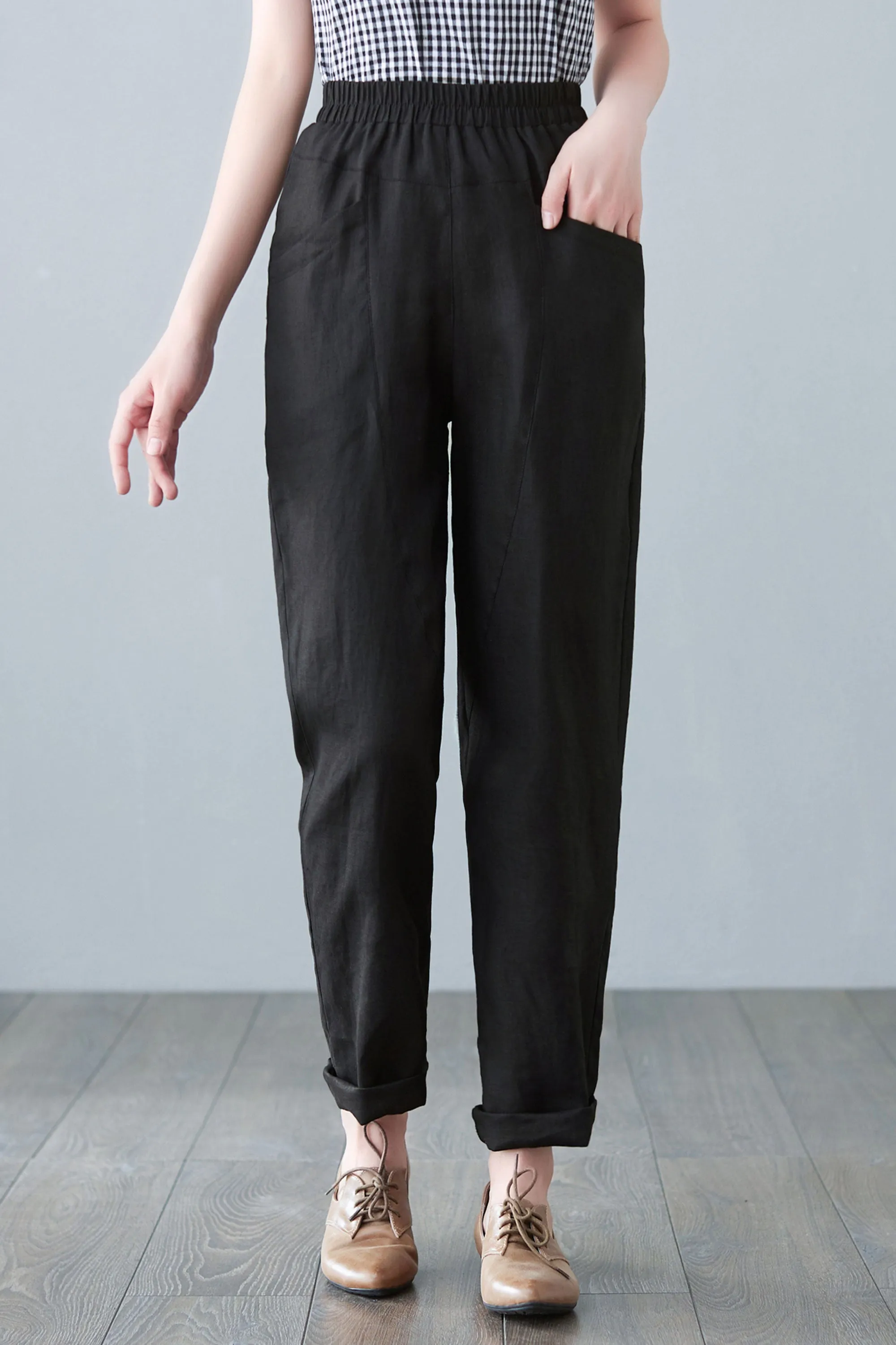 Black Large Size Linen Causal Pants C2644