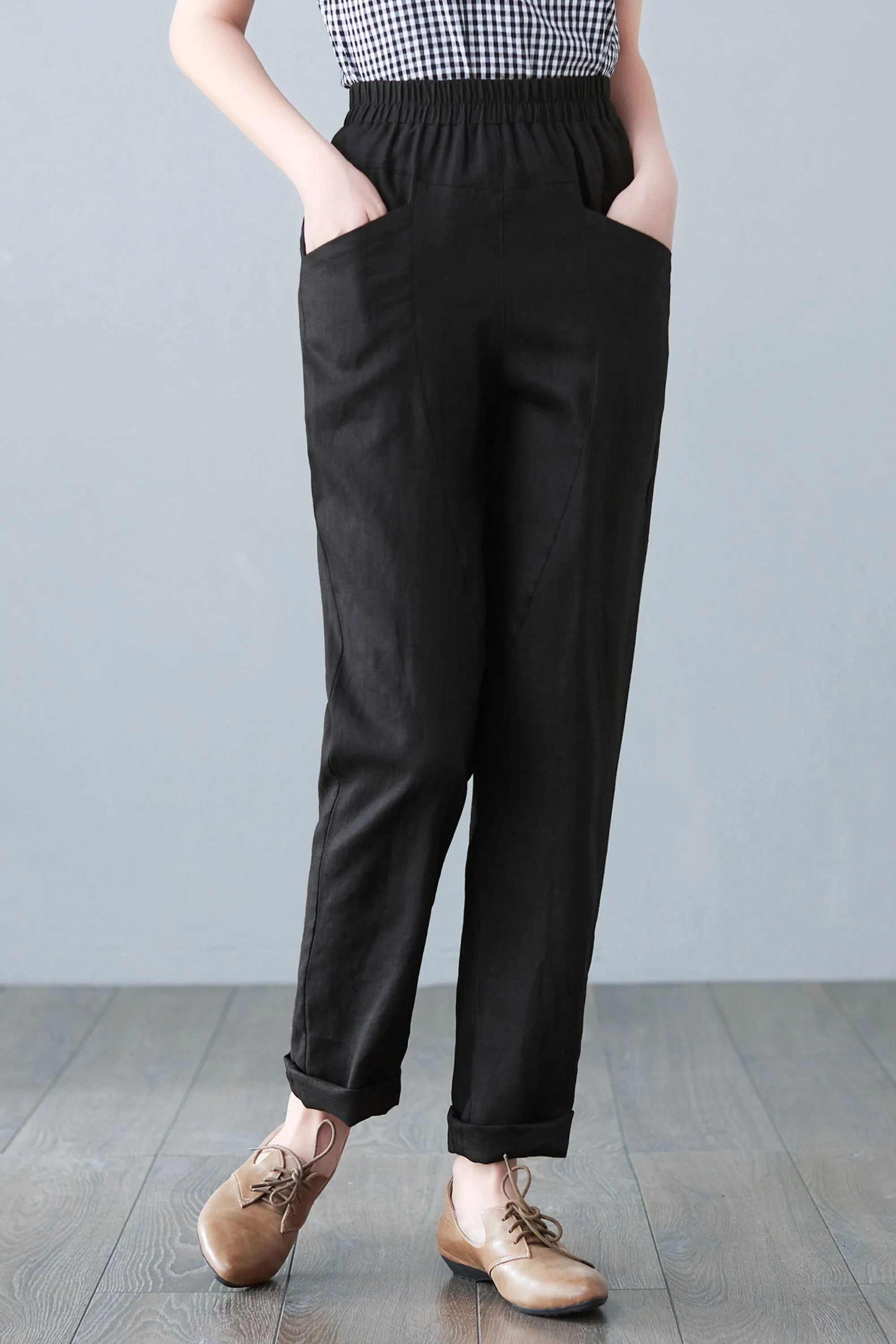 Black Large Size Linen Causal Pants C2644