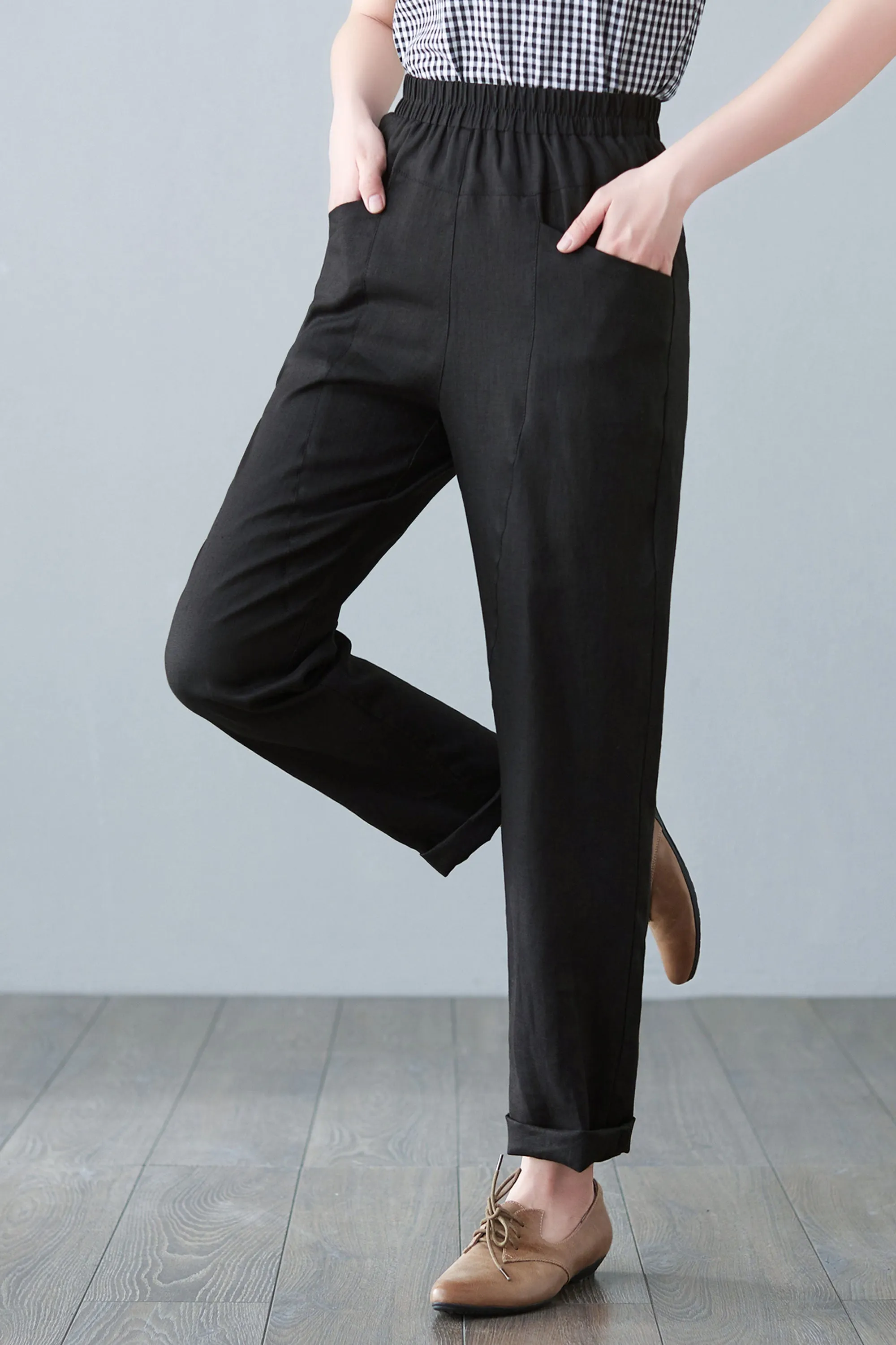 Black Large Size Linen Causal Pants C2644