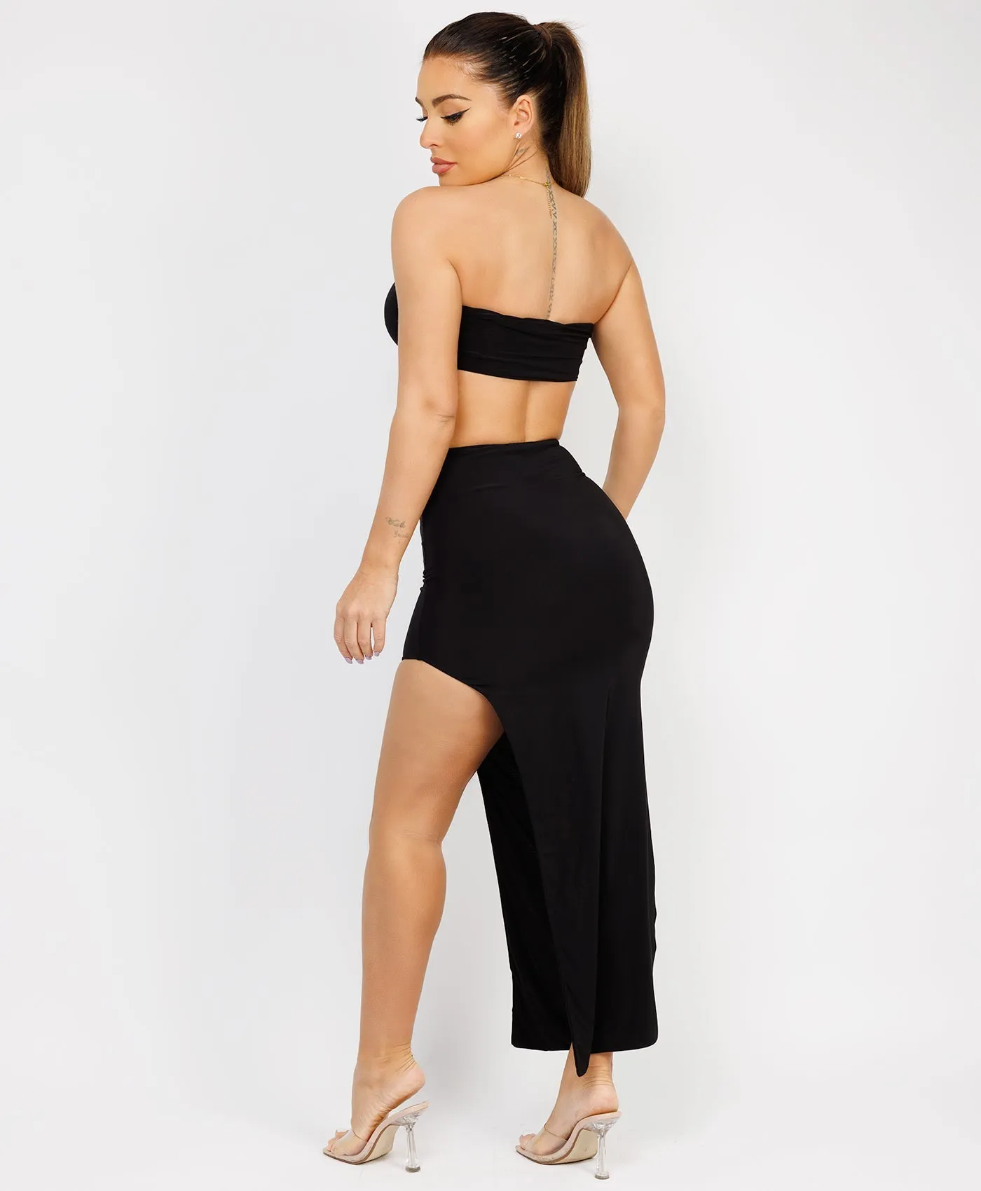 Black Maxi Skirt Bandeau Co Ord With Gold Buckle