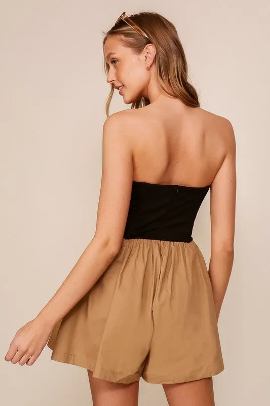 Black/Mocha Strapless Contrast Romper