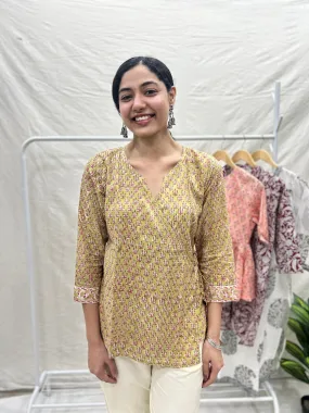 Block Printed Cotton Wrap Top Mustard