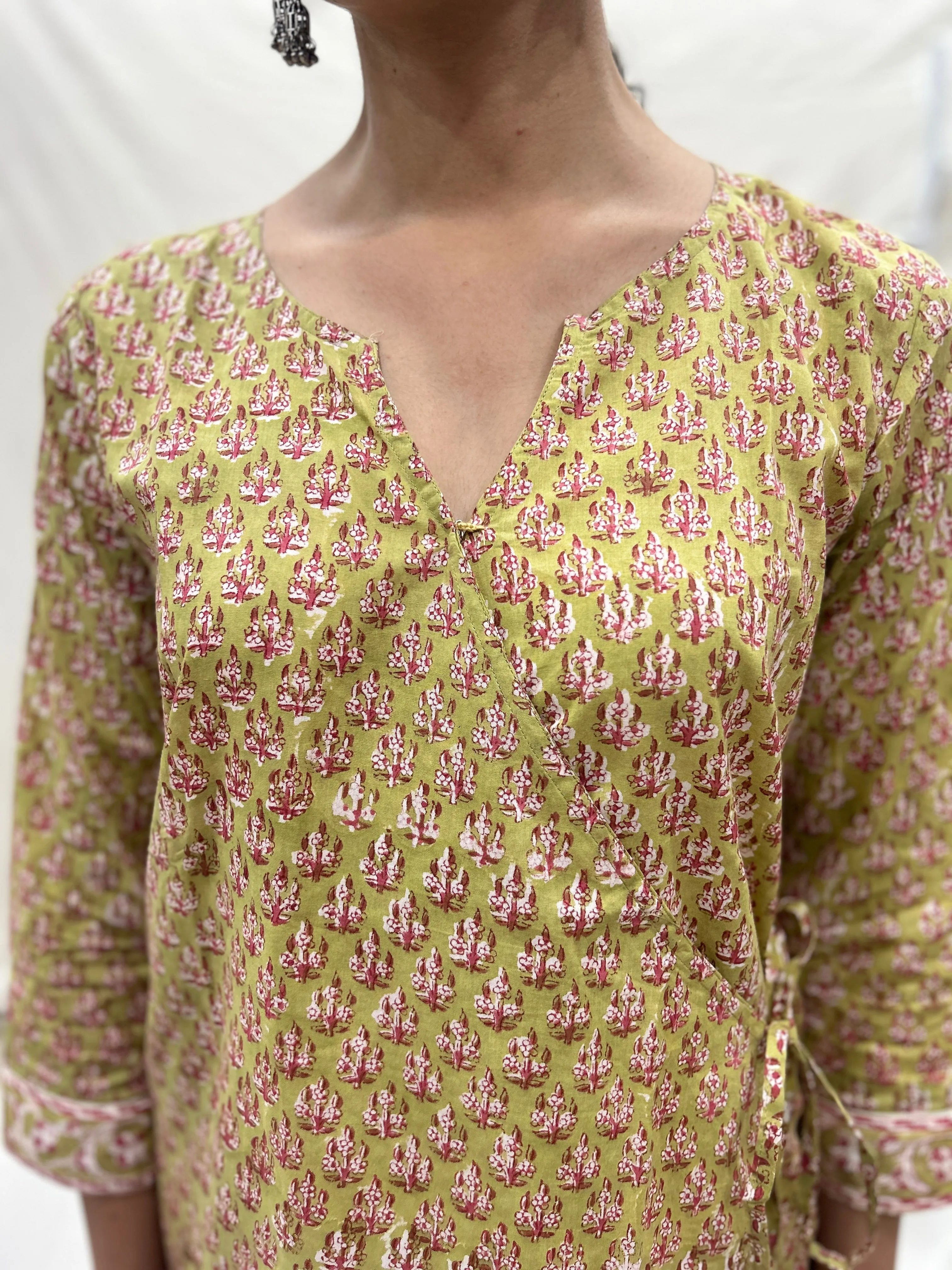 Block Printed Cotton Wrap Top Mustard