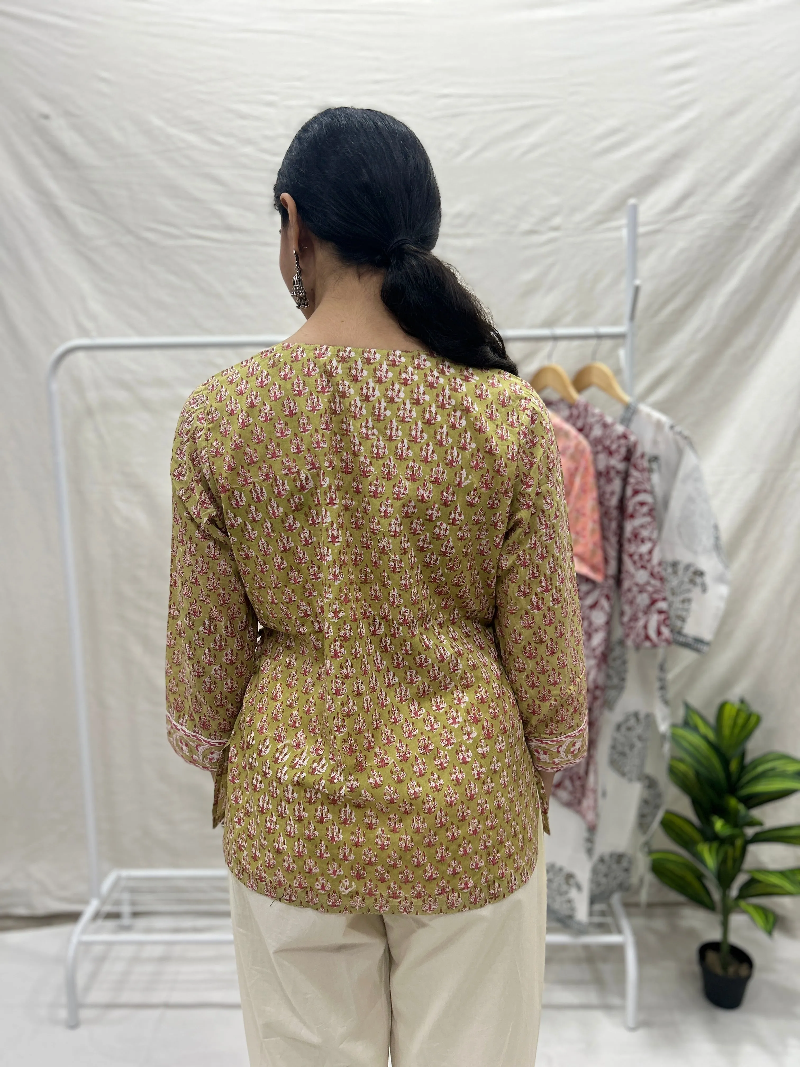 Block Printed Cotton Wrap Top Mustard