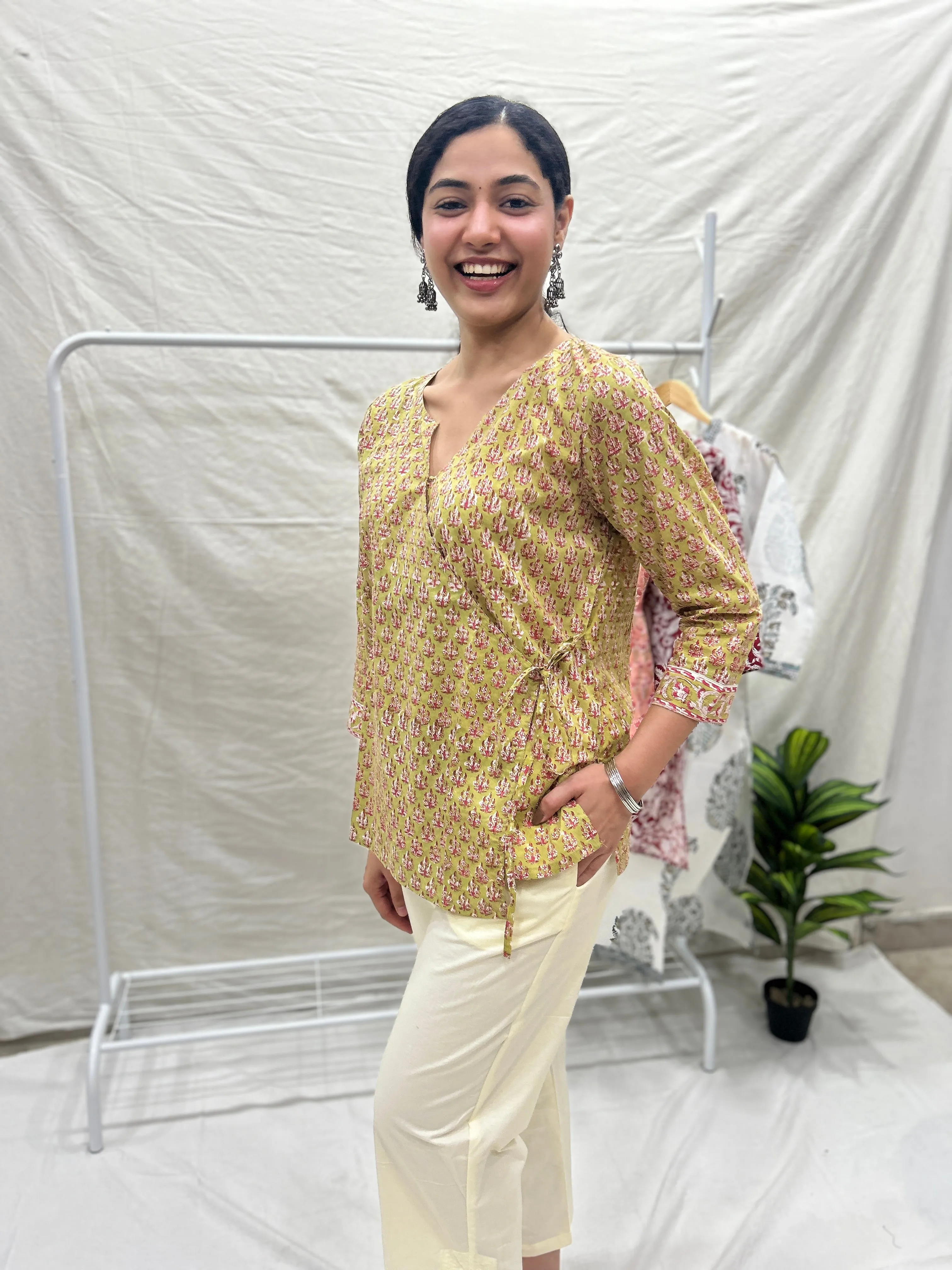 Block Printed Cotton Wrap Top Mustard