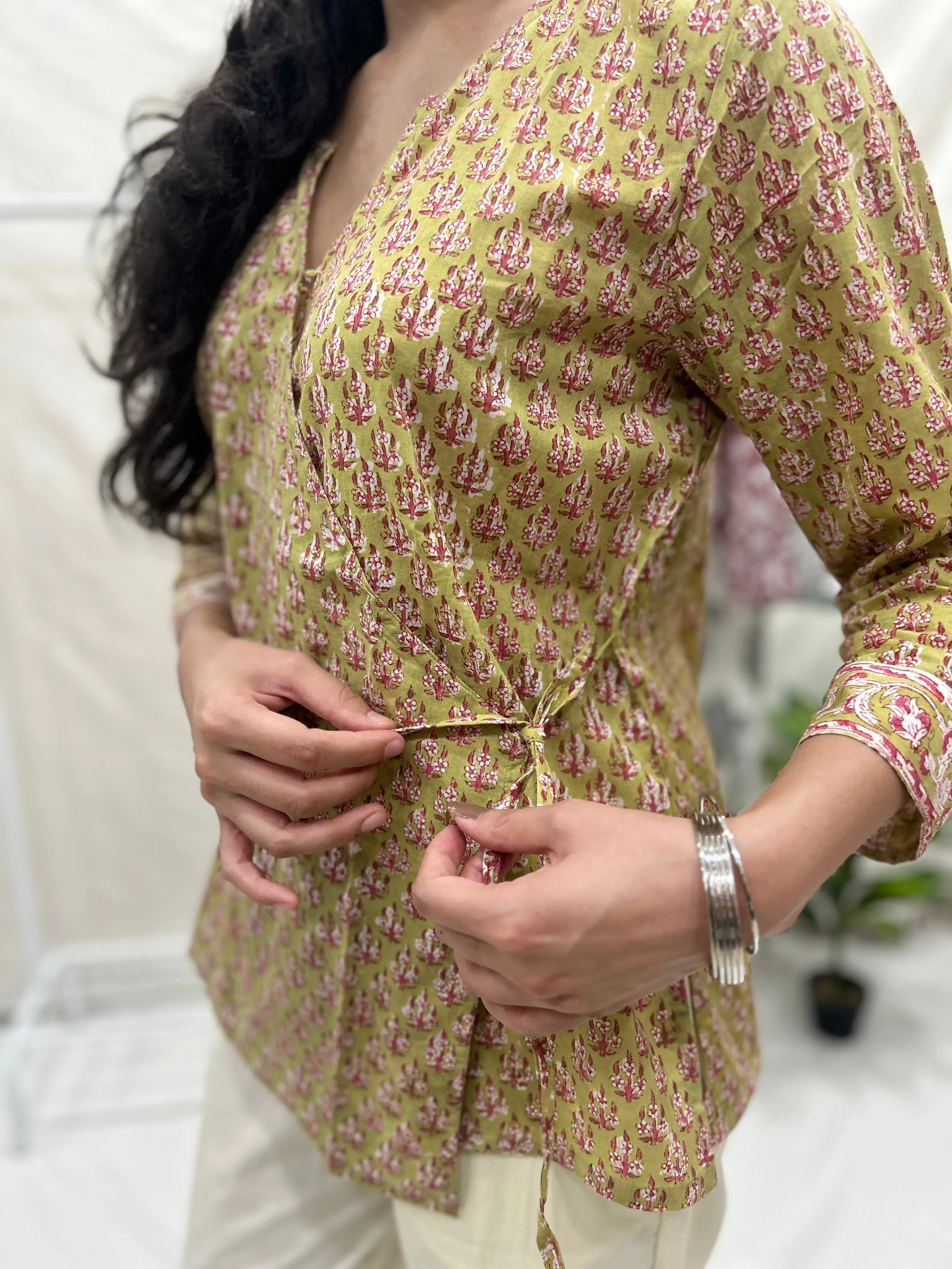 Block Printed Cotton Wrap Top Mustard