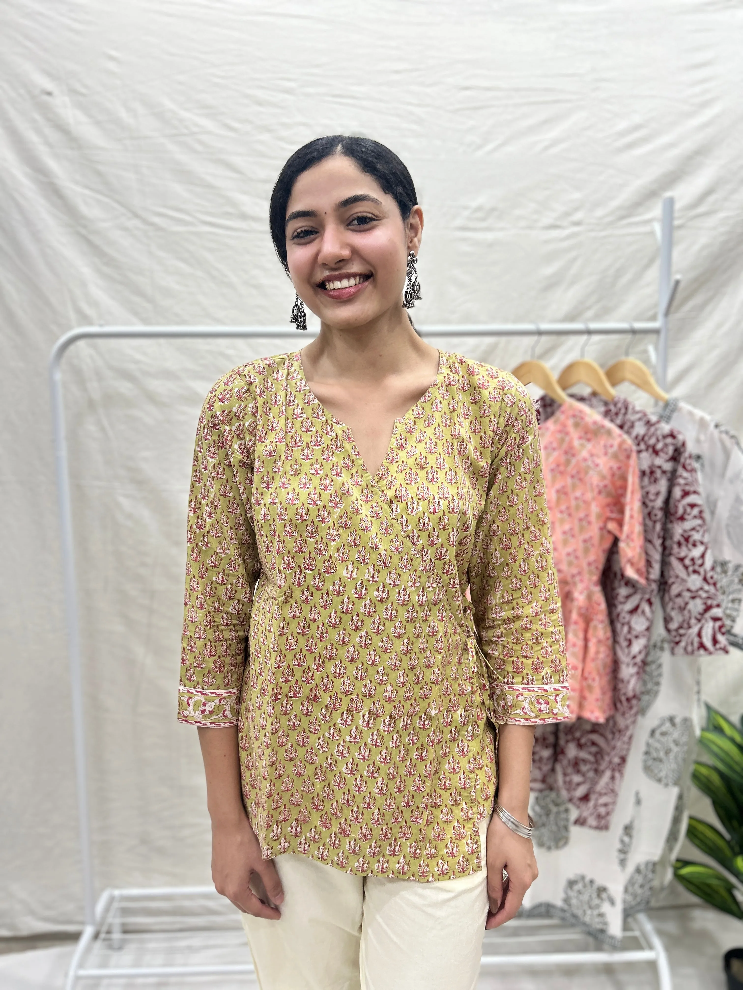 Block Printed Cotton Wrap Top Mustard