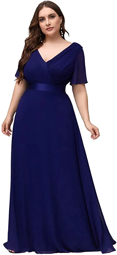 Blue 2 Women's Plus Size Double V-Neck Evening Party Maxi Dress - Ever-Pretty