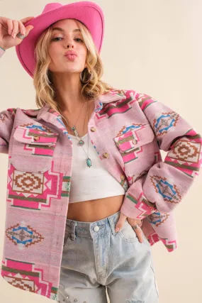 Blue B 33017J - Aztec Chest Pocket Front Loose Shirt Jacket in Pink