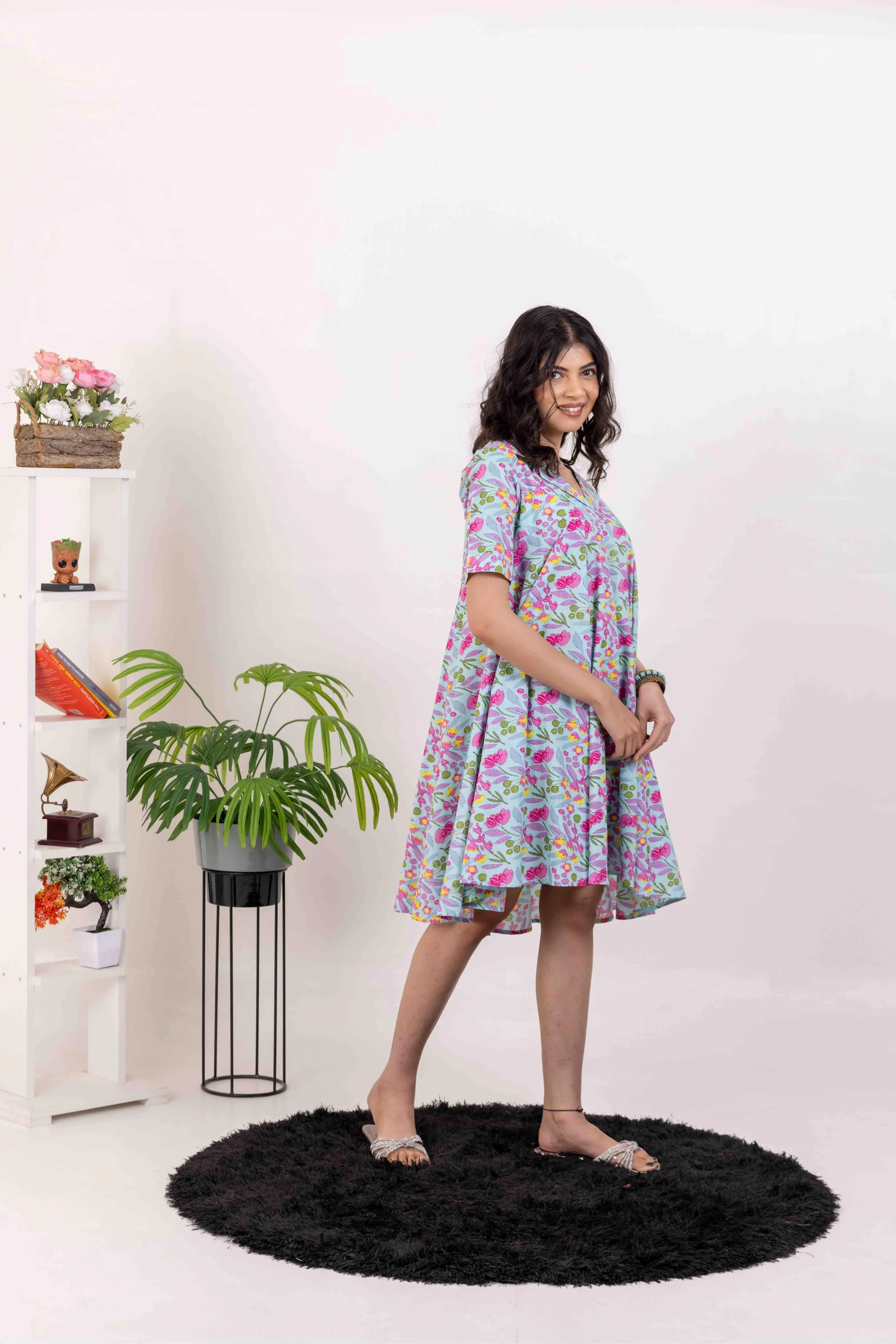 Blue Cotton Printed Short Summer Dress