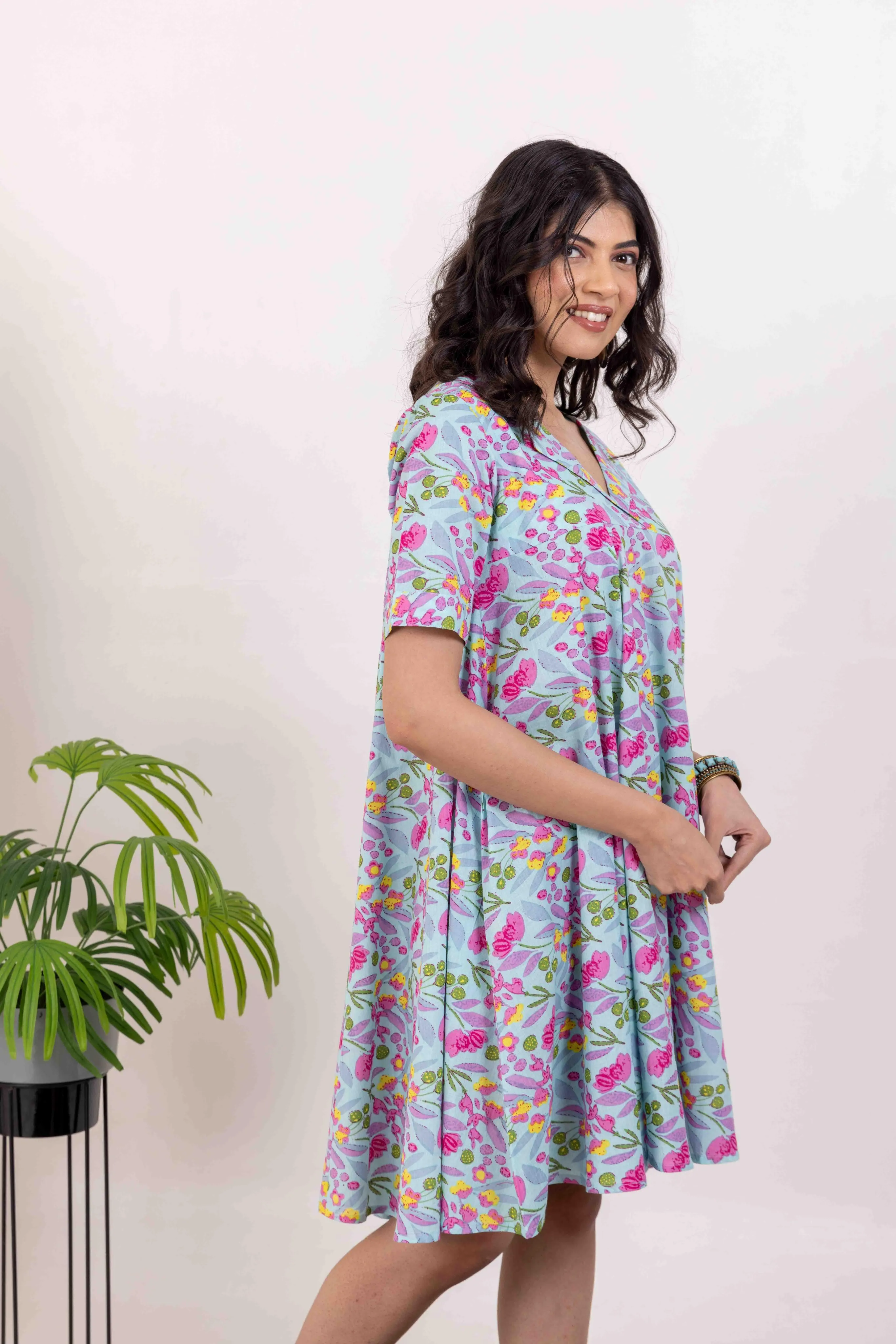 Blue Cotton Printed Short Summer Dress