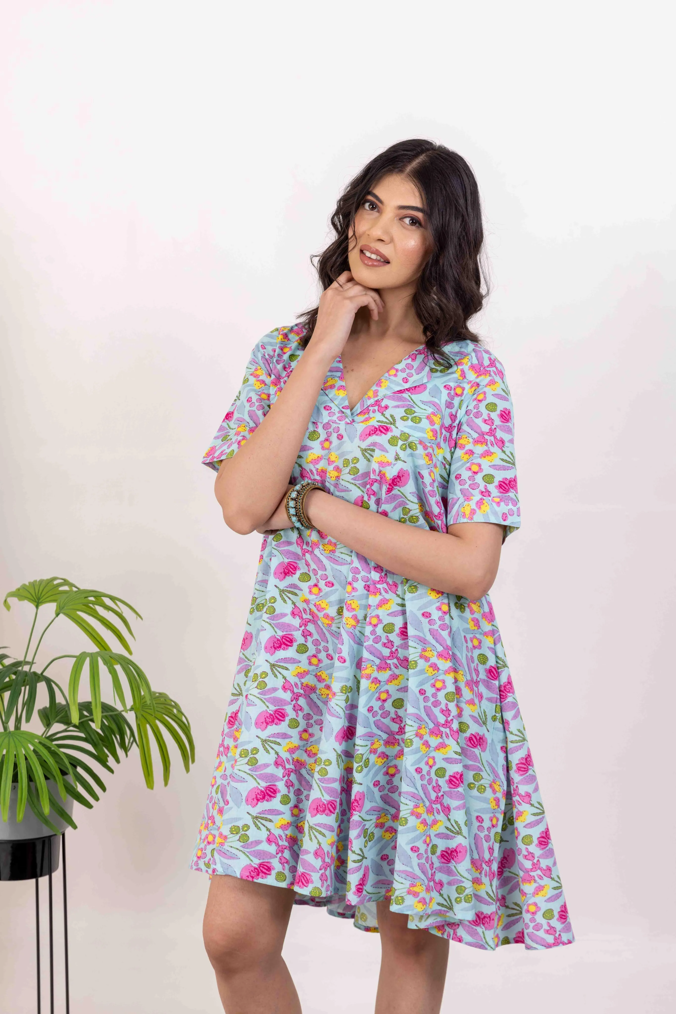 Blue Cotton Printed Short Summer Dress