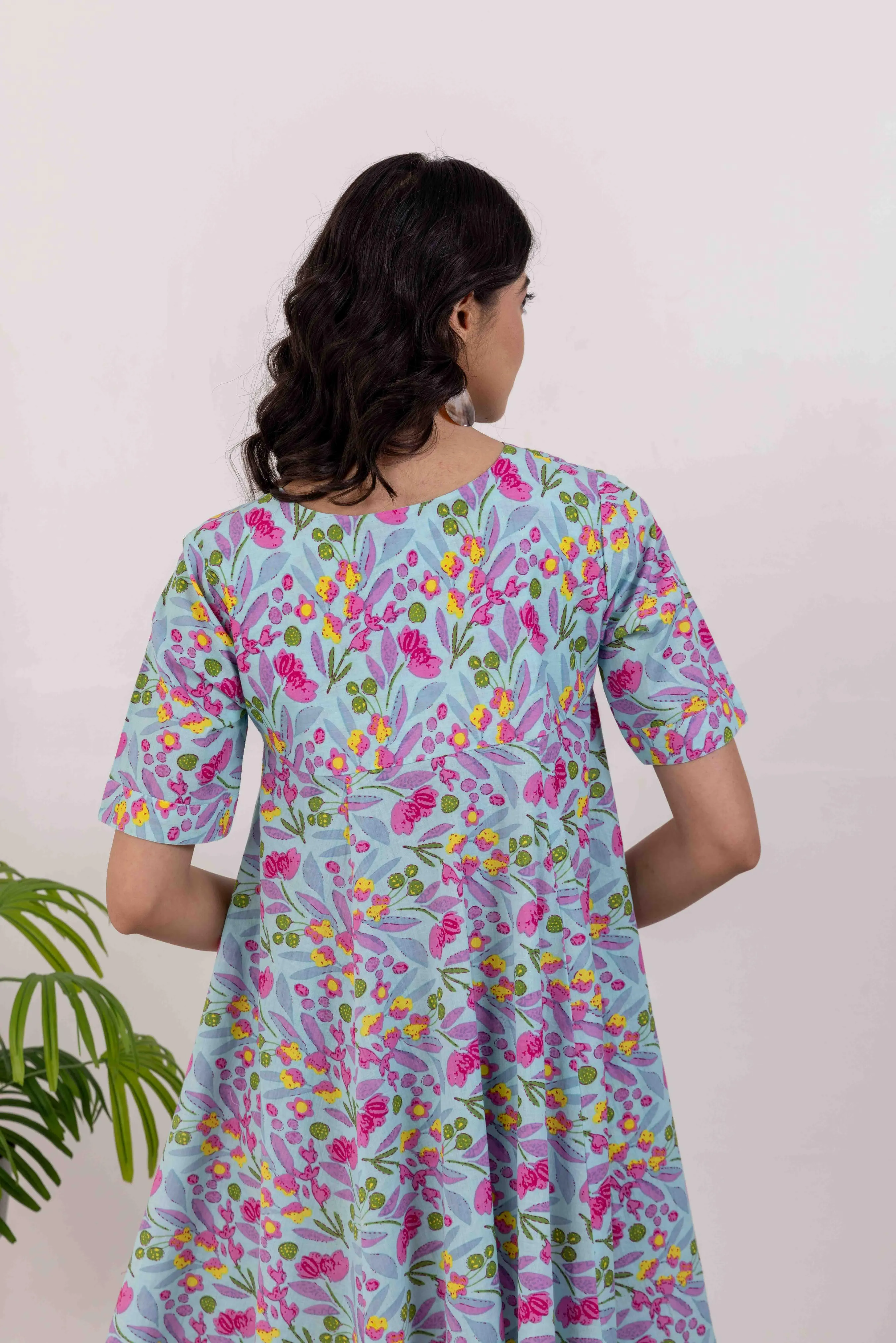 Blue Cotton Printed Short Summer Dress
