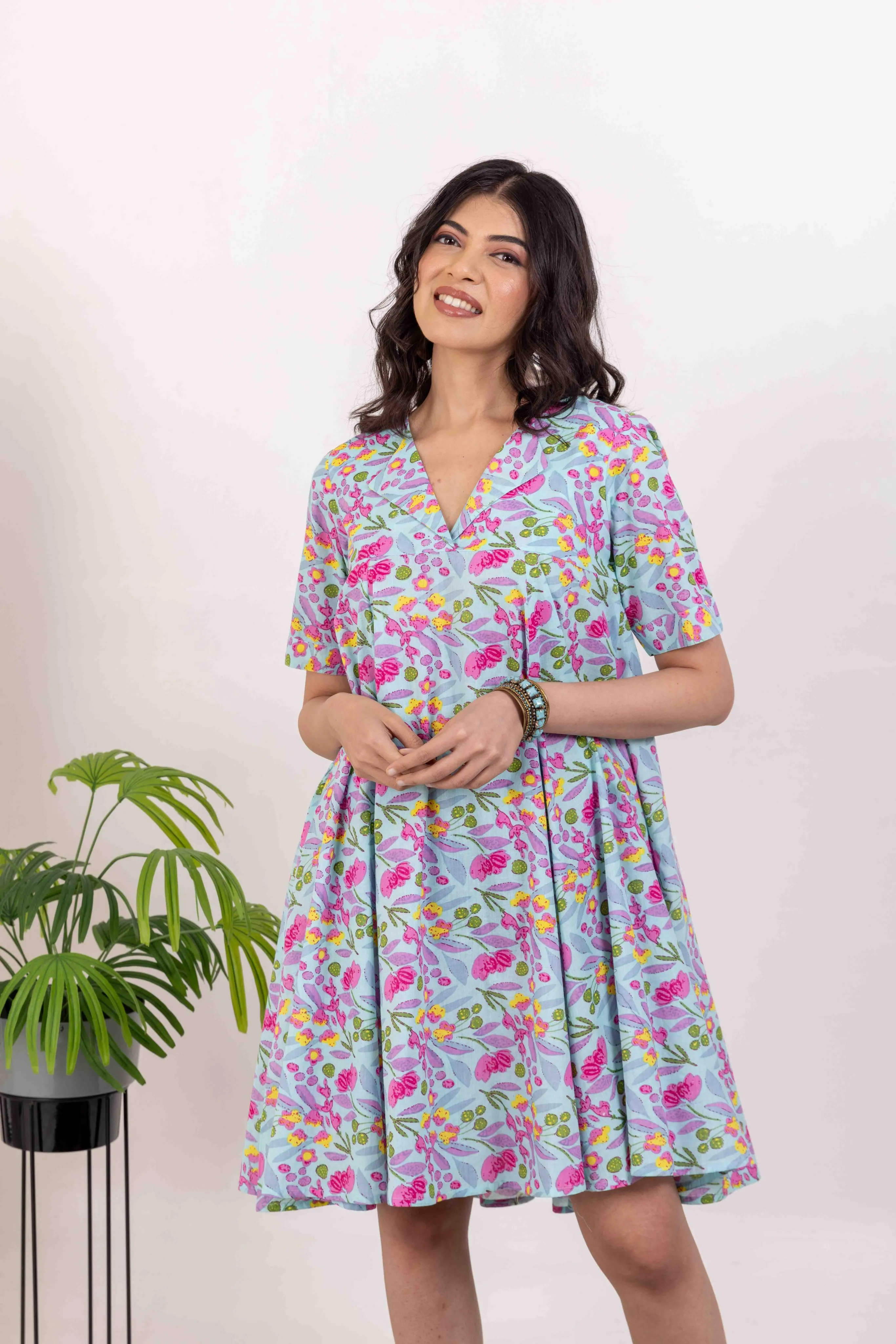 Blue Cotton Printed Short Summer Dress